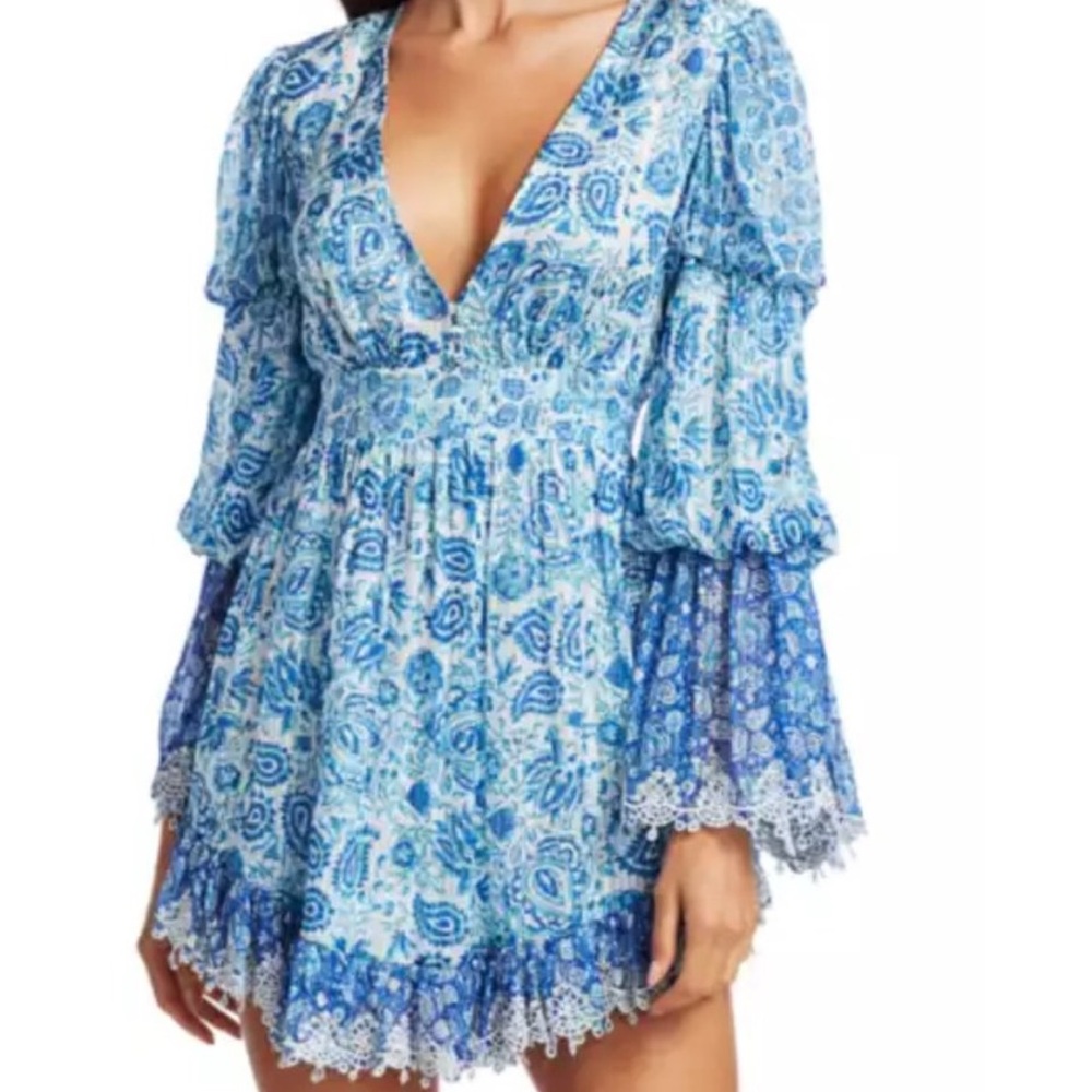 Hemant & Nandita PAISLEY Pleated Blouson Metallic V-Neck Mini Dress